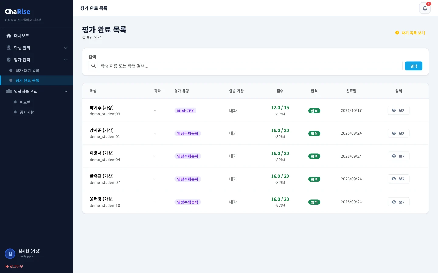 ChaRise 교수자 평가 완료 내역 데모 화면